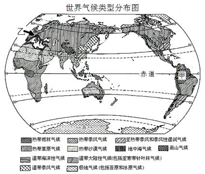 读"世界气候类型分布图",回答下列问题.(共7分)